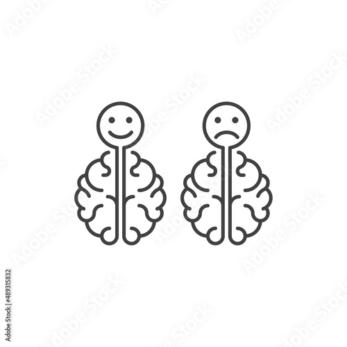 Brain with emotions, sad and happy mind, psychological. Vector outline icon template