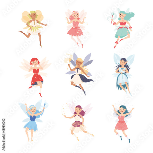 Cute Girl Fairy with Wings Flying with Magic Wand Vector Set