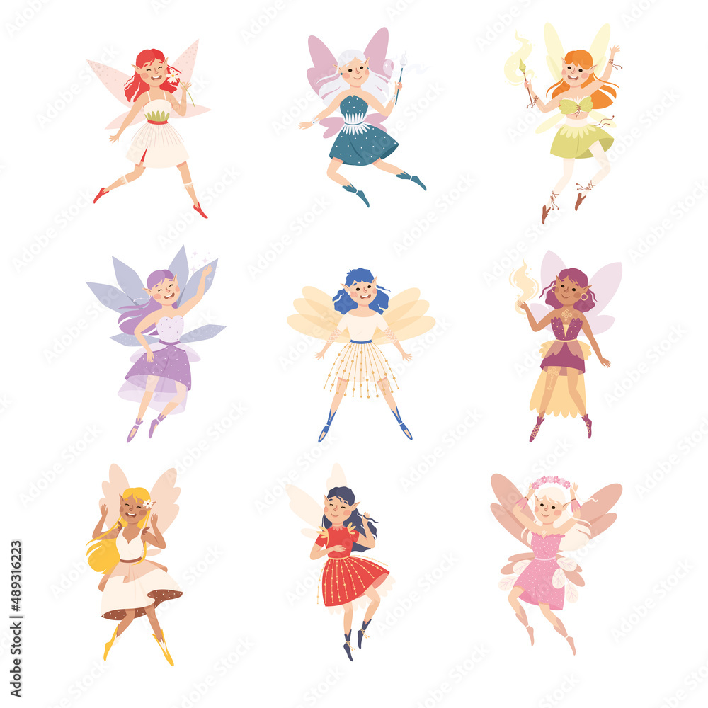 Cute Girl Fairy with Wings Flying with Magic Wand Vector Set