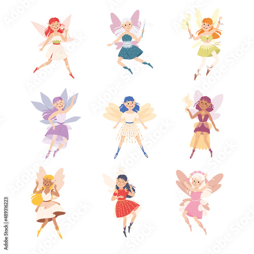 Cute Girl Fairy with Wings Flying with Magic Wand Vector Set