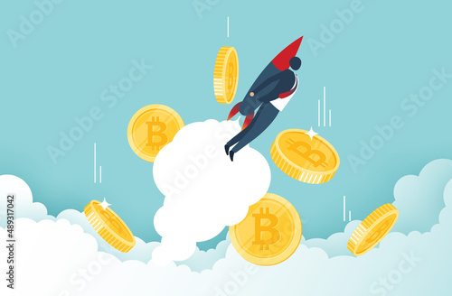 Bitcoin  skyrocketing and he growth rate of bitcoin with jetpack flying upwards with bitcoins in the sky. Crypto currency price and value increase concept. vector design