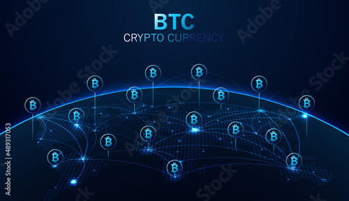 Bitcoin digital currency and world globe futuristic digital money technology worldwide network and bitcoin global network connection.   electronic cryptocurrency and modern technology. vector design