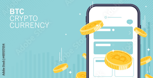 Trade bitcoin (BTC) on mobile through the system cryptocurrency wallet to smartphone securely with advanced technology with pile of coins come out from smartphone. Vector design