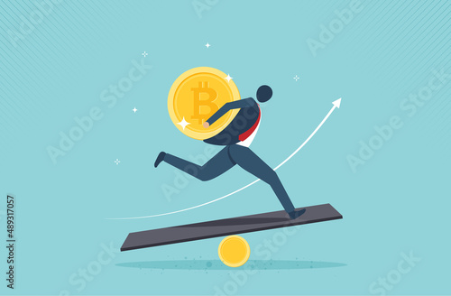 Bitcoin business - Businessman bear bitcoin in front of rising chart. Accumulation and buying crypto currency concept. International stock exchange. Bitcoin uptrend. vector design