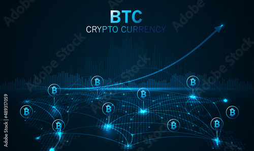 Bitcoin digital currency and world globe futuristic digital money technology worldwide network and bitcoin global network connection.   electronic cryptocurrency and modern technology. vector design