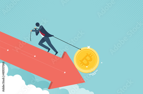 Bitcoin business - Businessman pull the rope of bitcoin on sale when cryptocurrency price crash to make profit concept, smart man buying or purchasing to speculate earning in the future. vector design