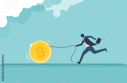 Bitcoin business - Businessman pull the rope of bitcoin on sale when cryptocurrency price crash to make profit concept, smart man buying or purchasing to speculate earning in the future. vector design