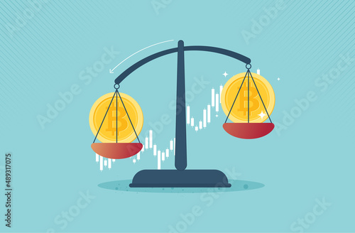 Weight scale with bitcoin business in front of rising chart. Accumulation and buying crypto currency concept. International stock exchange. Bitcoin uptrend. vector design
