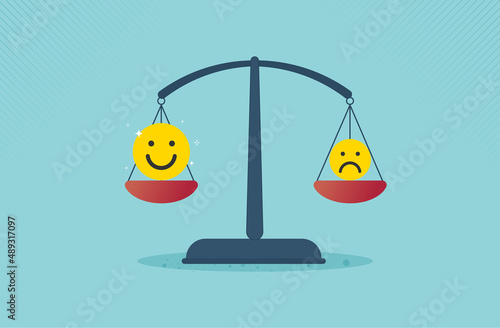 Emotional intelligence, balance emotion control feeling between work stressed or sadness and happy lifestyle concept. weight scale with emotional. vector design