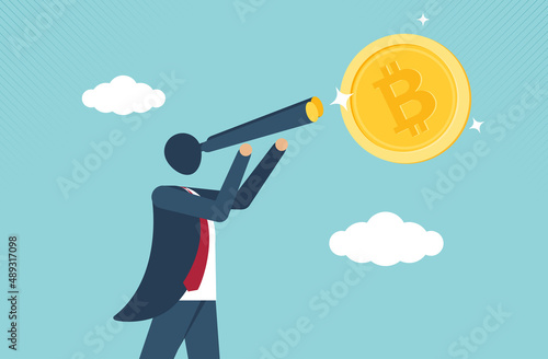 Businessman searching holding bitcoin in front of rising chart. bitcoin stock growth. chart shows a strong increase in the price of bitcoin. vector design