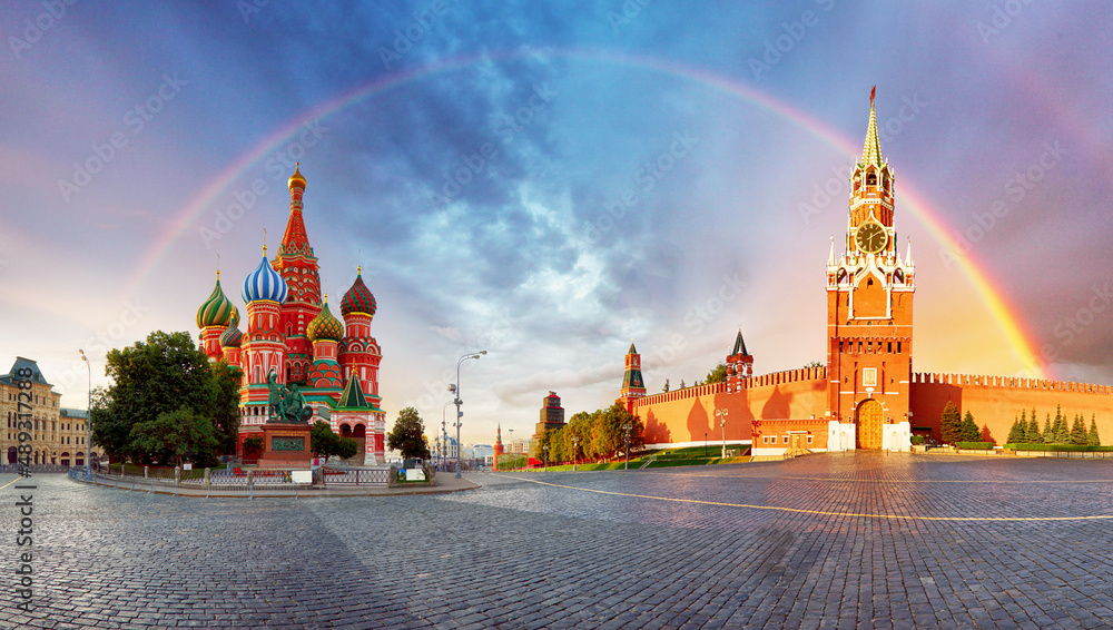 Panorama in Moscow at sunrisewith nice rainbow, Red square with saint Basil in Russia Panorama in Moscow at sunrisewith nice rainbow, Red square with saint Basil in Russia