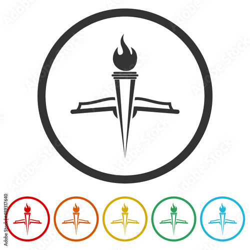Torch with flame and open book ring icon, color set