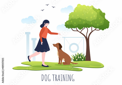 Dogs Training Center at Playground with Instructor Teaching Pets or Play for Tricks and Jumping Skills in Flat Cartoon Background Illustration