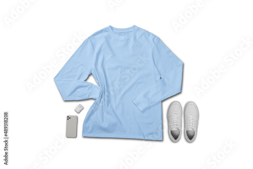 Blue long sleeve t shirt top view with creative flat lay concept