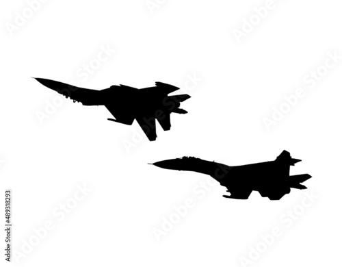 Aerobatic team of fighter aircrafts. Vector silhouette