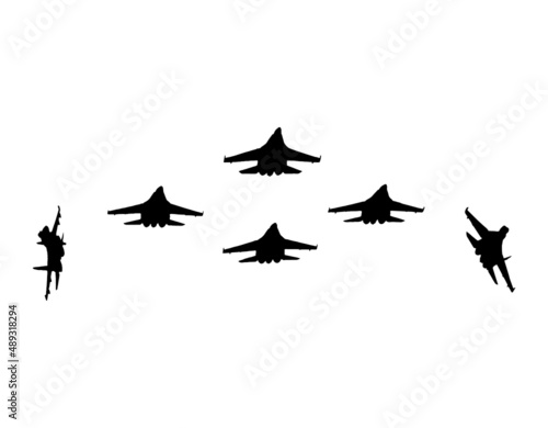 Aerobatic team of fighter aircrafts. Vector silhouette