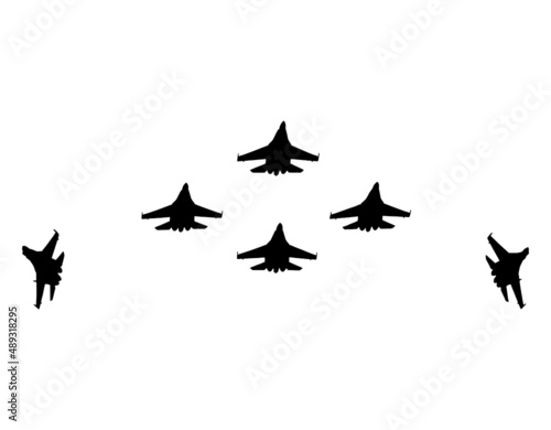 Aerobatic team of fighter aircrafts. Vector silhouette