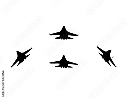 Aerobatic team of fighter aircrafts. Vector silhouette