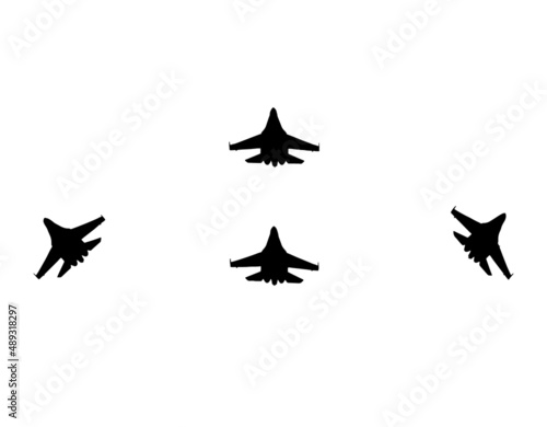 Aerobatic team of fighter aircrafts. Vector silhouette