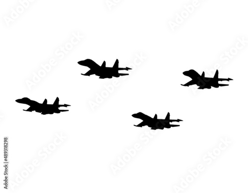 Aerobatic team of fighter aircrafts. Vector silhouette