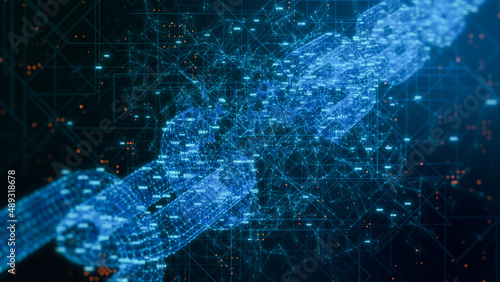 wireframe model of a broken chain with random numbers, abstract tech background, concept of blockchain hacking or cryptocurrency drop in value