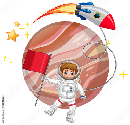 Isolated astronaut with planet and rocket
