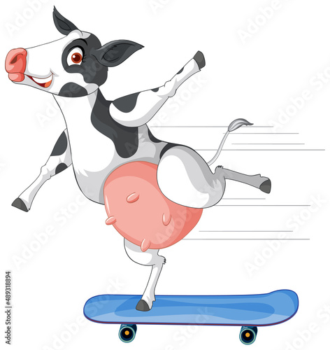 Dairy cow playing skateboard cartoon character