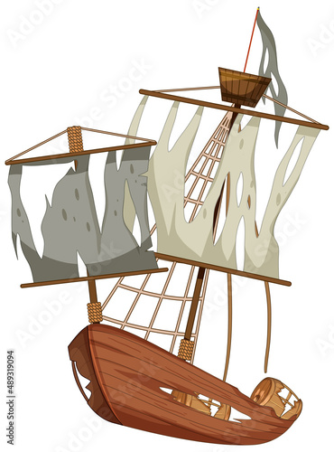 Old broken junk ship on white background