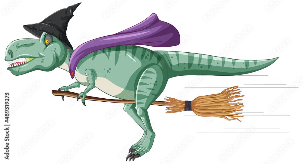 Fototapeta premium Tyrannosaurus rex dinosaur riding on broomstick in cartoon style