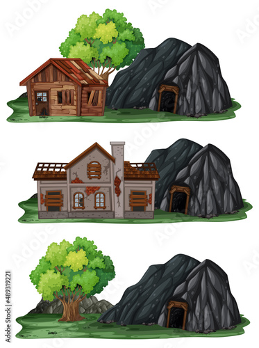 Set of different abandoned houses with rock cave