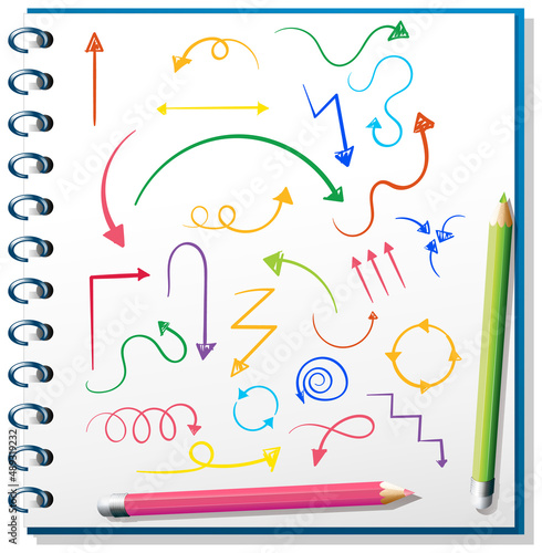 Coloured arrow doodles on paper with colourful pencils