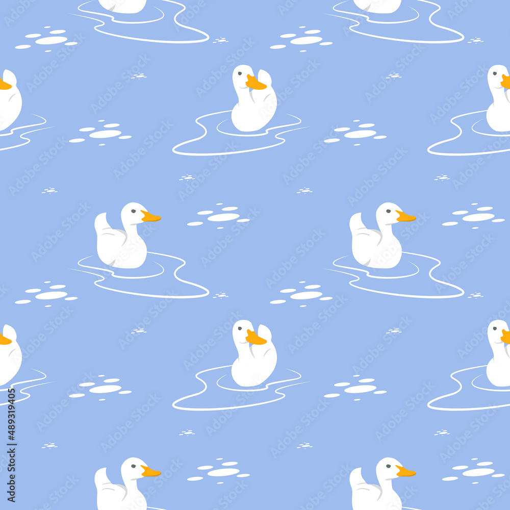 Fototapeta premium Seamless Pattern Repeatable Texture Summer Spring Cute Duck Swan Pond