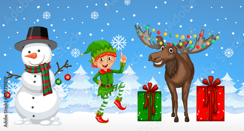 Christmas cartoon characters on snowy blue background