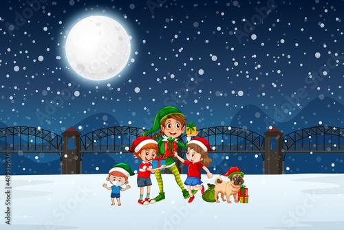 Snowy winter night with Christmas children and a dog