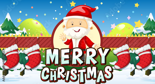 Merry Christmas banner design with Santa Claus in cartoon style