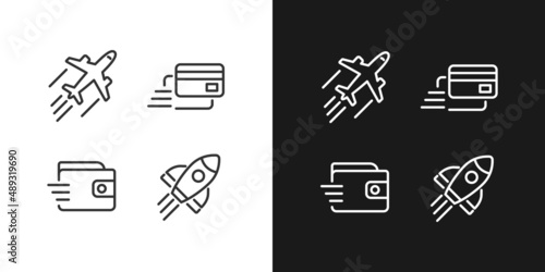 Flying transport pixel perfect linear icons set for dark, light mode