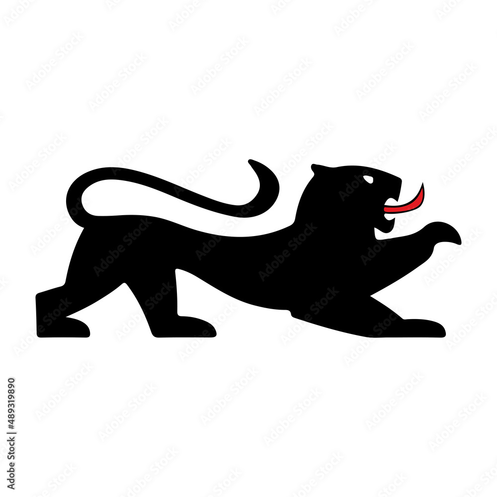 A lion with its front paw raised. Stylized under heraldic images, a drawing of a lion with a black body and a red tongue. The symbol of the German city. Vector illustration isolated on a white backgro