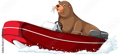 Sea lion on motor boat in cartoon style