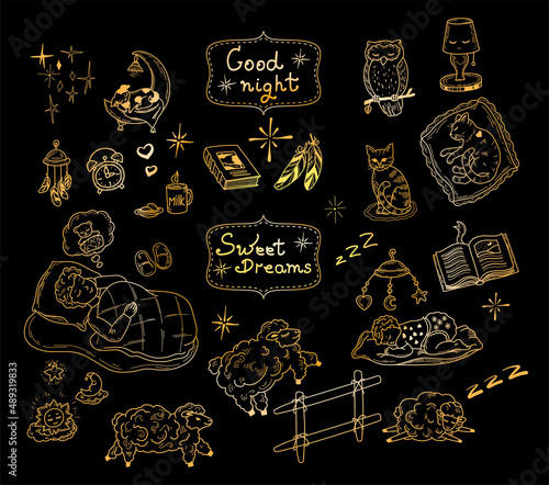 Gold set of drawings of cute handdrawn vector illustrations on the theme of sleep