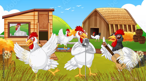 Farm scene with a group of chickens cartoon character