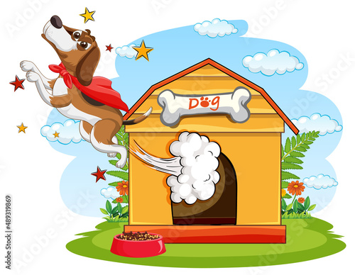 Dog with red cape flying out of doghouse