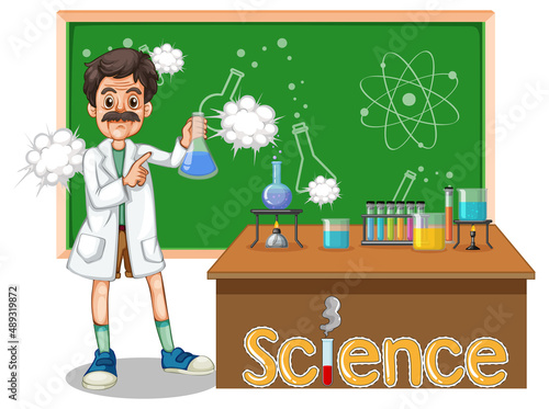 Scientist man cartoon character with laboratory equipments