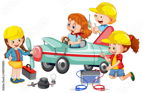 Children fixing a plane together