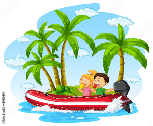 Children on inflatable boat in cartoon style