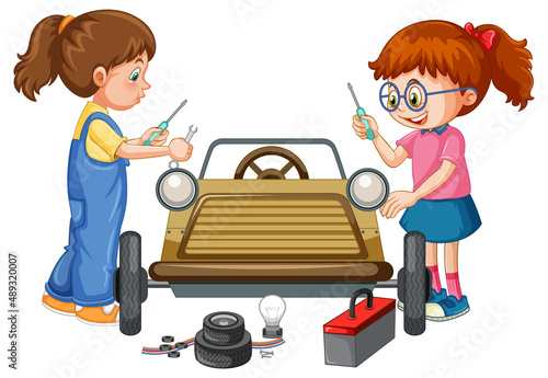 Two girls fixing a car together