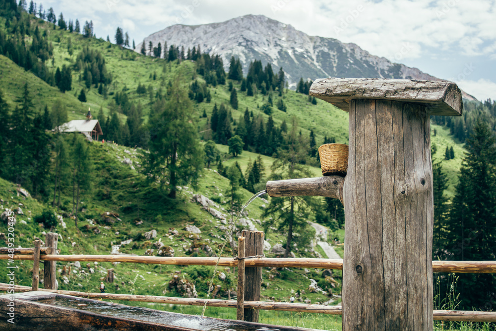 Φωτογραφία Wooden trough with drinking fountain in the Alps in Austria around Filmzmoos