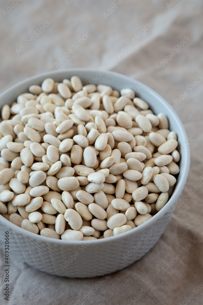 Raw Organic Dry White Beans in a Gray Bowl, side view. Raw Organic Dry White Beans in a Gray Bowl, side view.