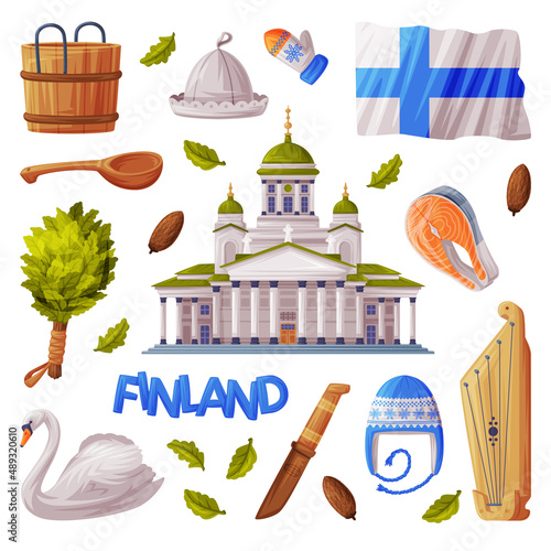 Finland Symbol and Attribute with Saint Nicholas Cathedral and Bath Broom Vector Set