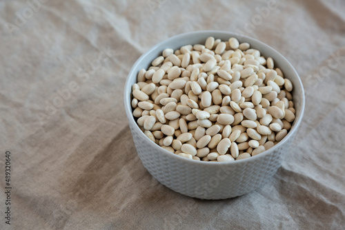 Raw Organic Dry White Beans in a Gray Bowl, side view. Space for text.