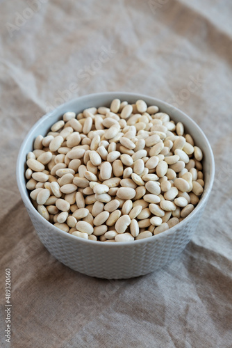 Raw Organic Dry White Beans in a Gray Bowl, side view.